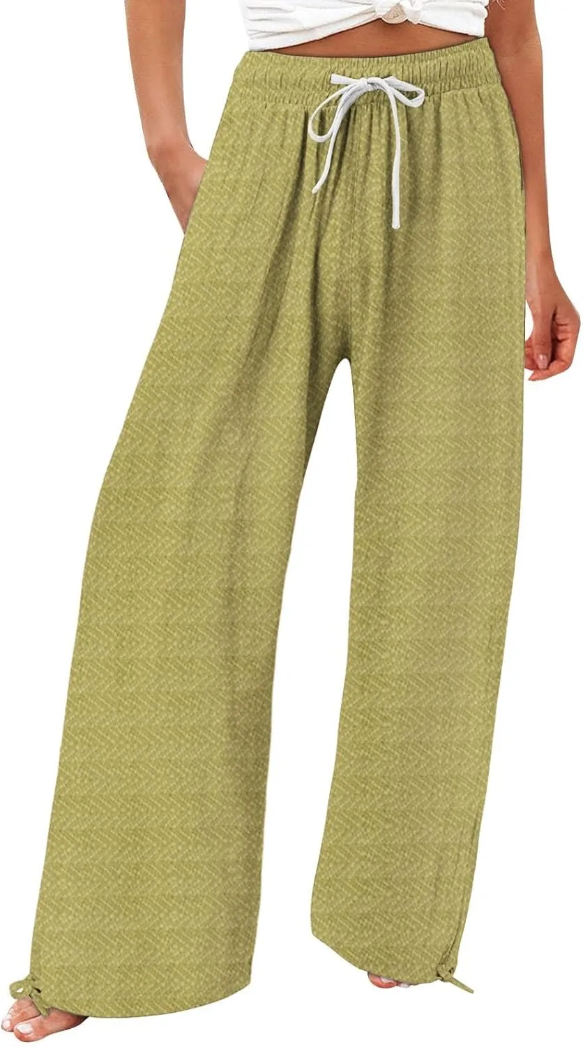 Women's Striped Cotton Linen Wide Leg Pants Summer Casual Comfy Pants with Pockets 2025 Drawstring Elastic Waist Trousers