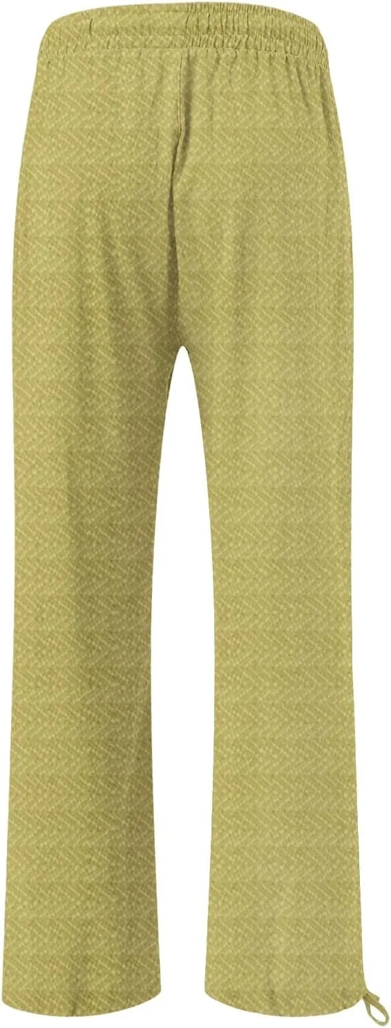 Women's Striped Cotton Linen Wide Leg Pants Summer Casual Comfy Pants with Pockets 2025 Drawstring Elastic Waist Trousers