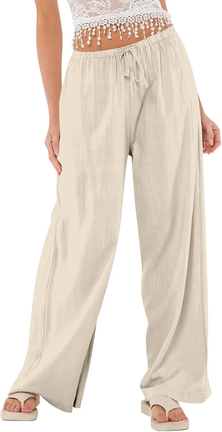 Womens Summer Casual Pant Cotton Linen Button 2025 Flowy Pants & Palazzo Straight High Rise Solid Baggy Clothes Pocket