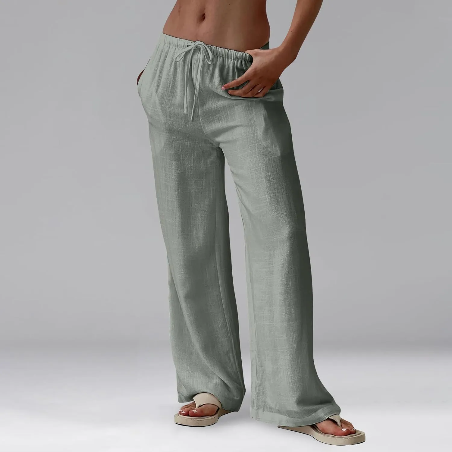 Womens Summer Casual Pant Cotton Linen Button 2025 Flowy Pants & Palazzo Straight High Rise Solid Baggy Clothes Pocket