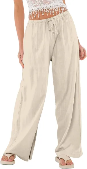Womens Summer Casual Pant Cotton Linen Button 2025 Flowy Pants & Palazzo Straight High Rise Solid Baggy Clothes Pocket