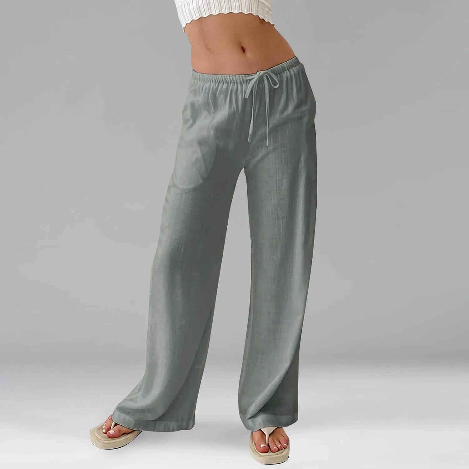 Womens Summer Casual Pant Cotton Linen Button 2025 Flowy Pants & Palazzo Straight High Rise Solid Baggy Clothes Pocket