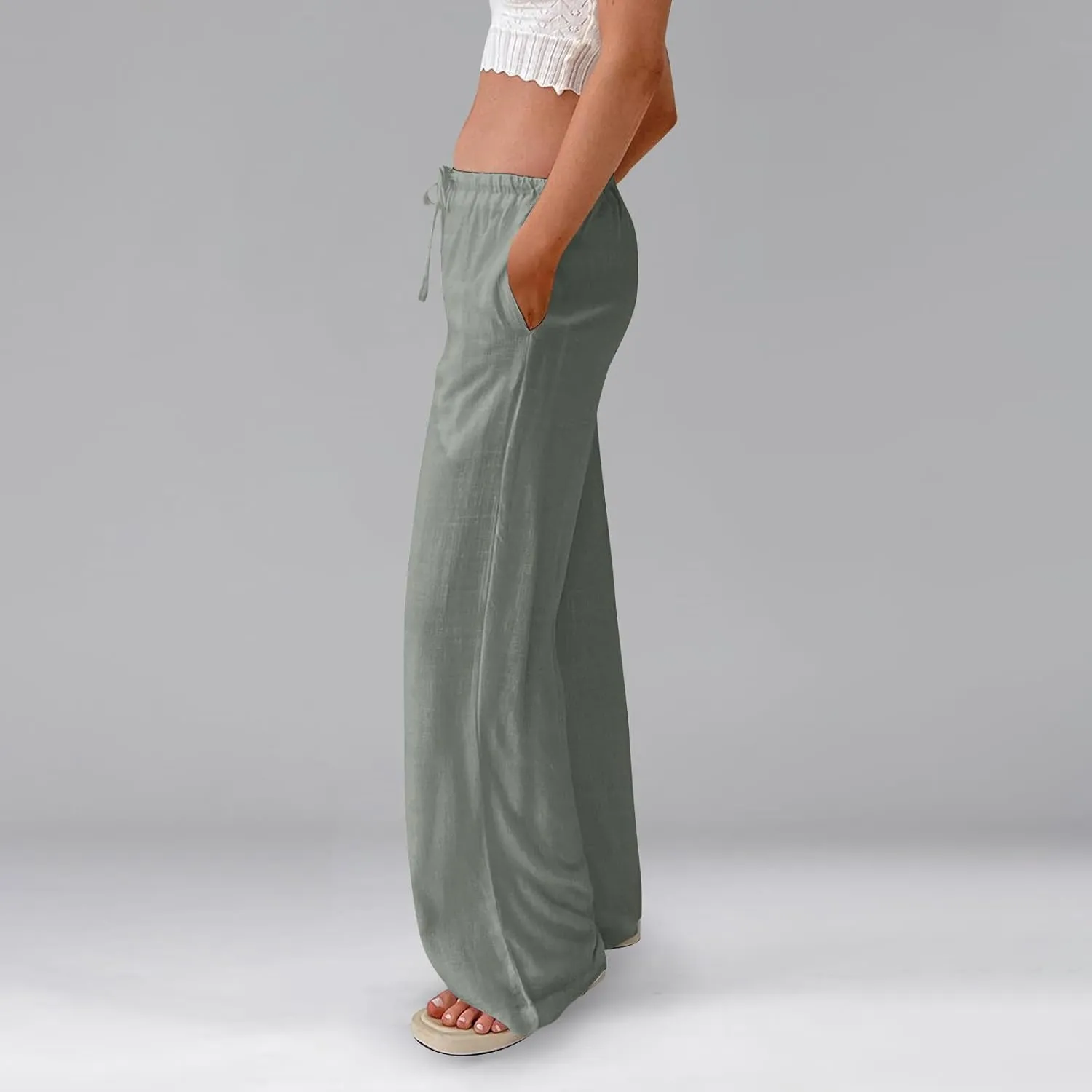 Womens Summer Casual Pant Cotton Linen Button 2025 Flowy Pants & Palazzo Straight High Rise Solid Baggy Clothes Pocket