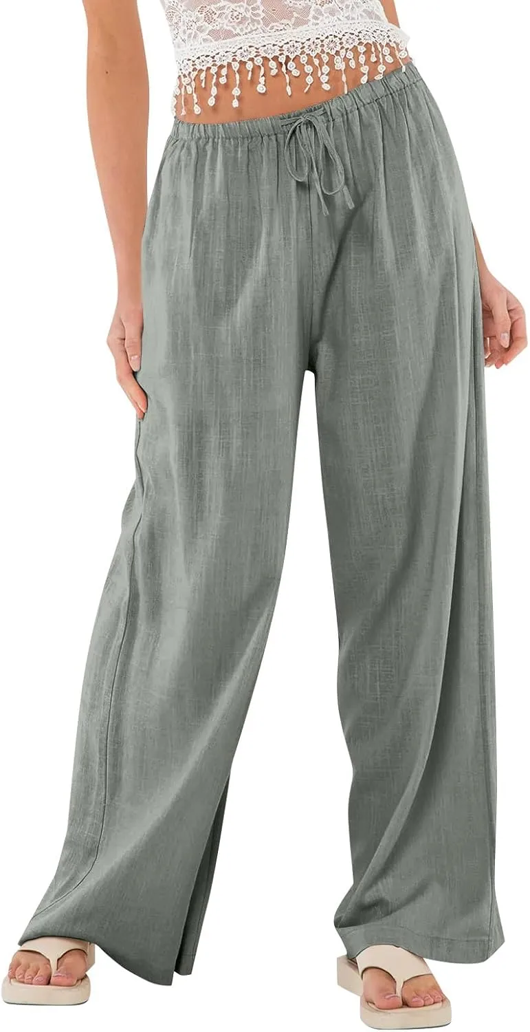 Womens Summer Casual Pant Cotton Linen Button 2025 Flowy Pants & Palazzo Straight High Rise Solid Baggy Clothes Pocket