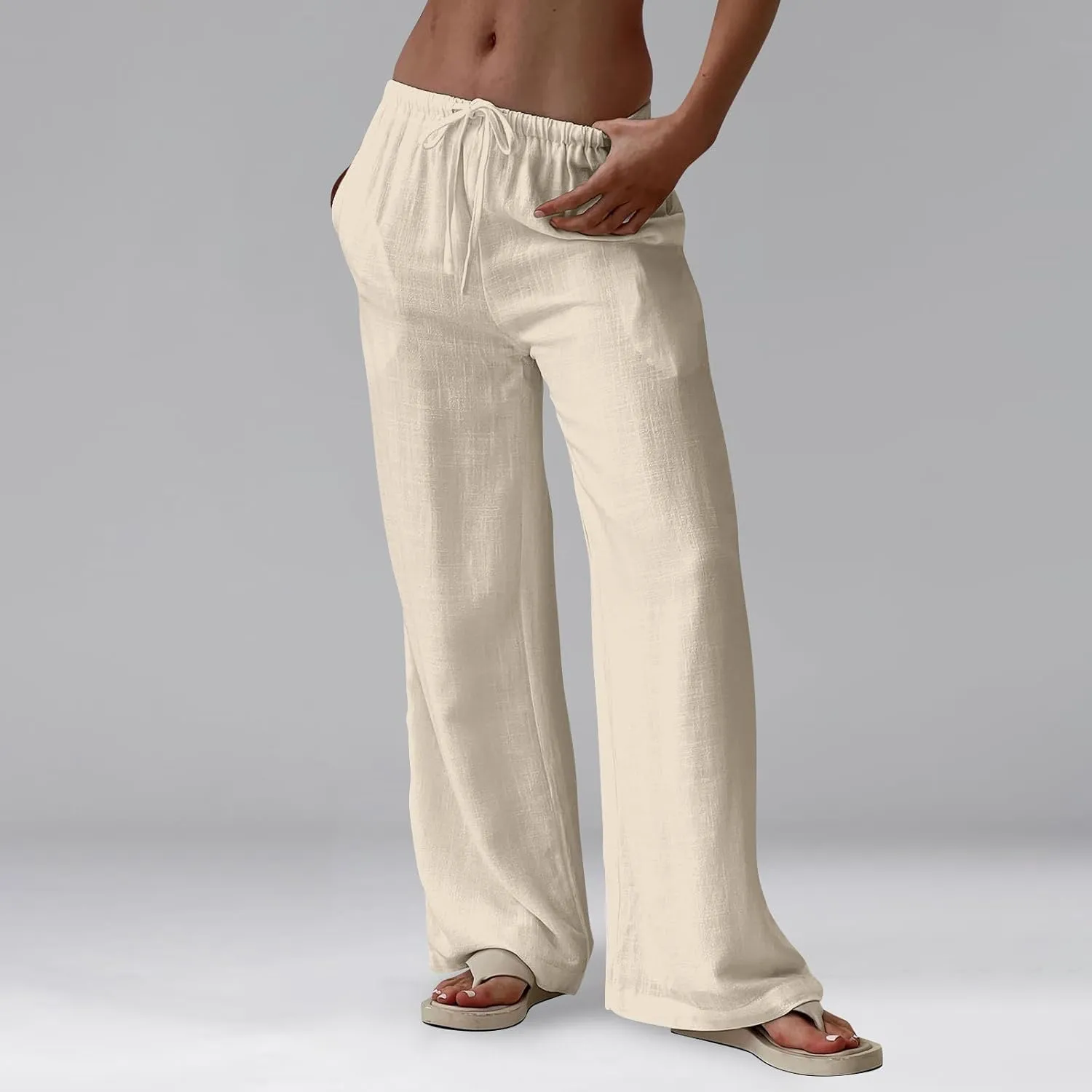 Womens Summer Casual Pant Cotton Linen Button 2025 Flowy Pants & Palazzo Straight High Rise Solid Baggy Clothes Pocket