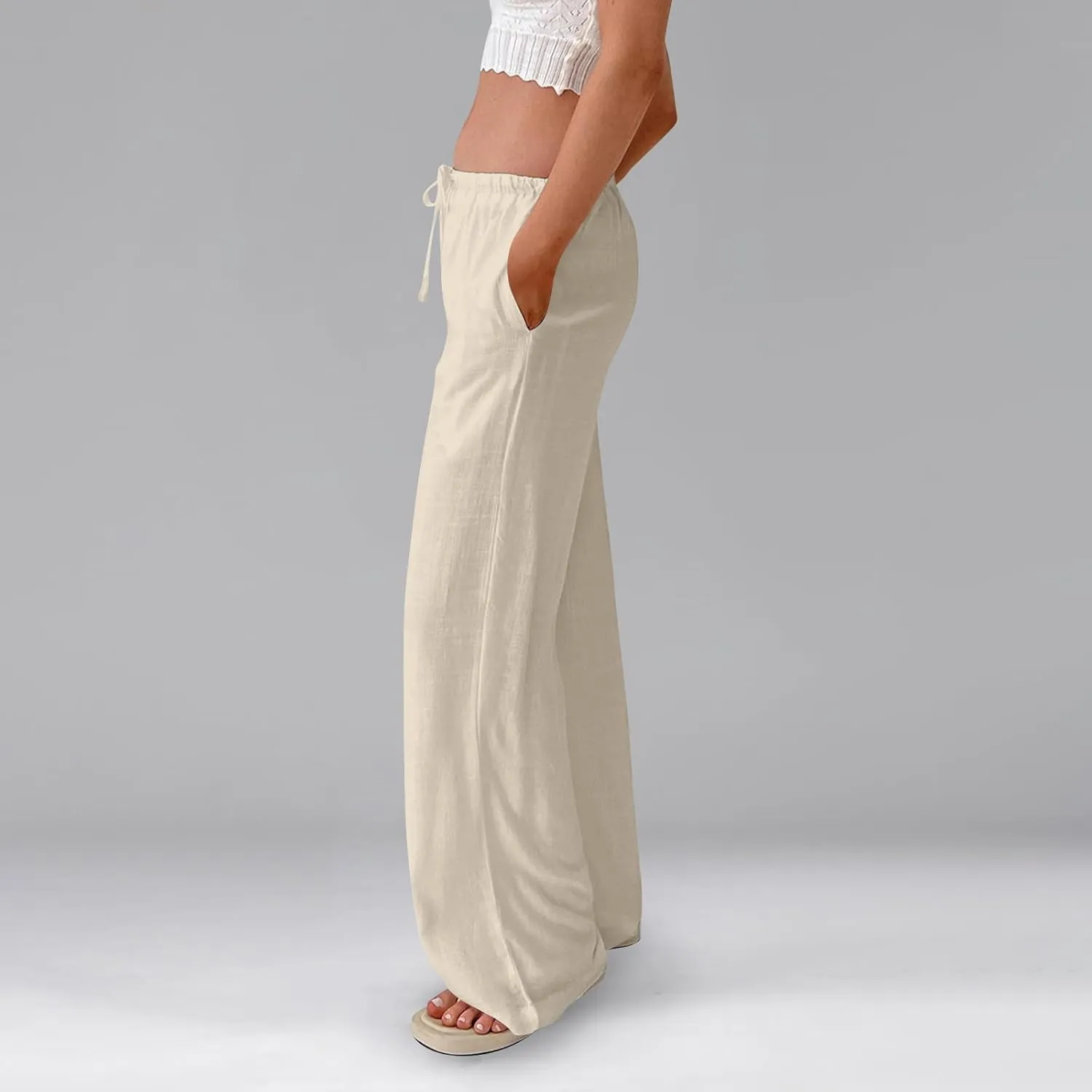 Womens Summer Casual Pant Cotton Linen Button 2025 Flowy Pants & Palazzo Straight High Rise Solid Baggy Clothes Pocket