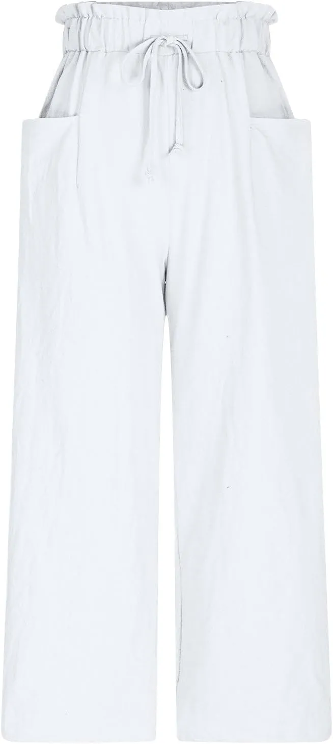 Womens Summer Fashion Cotton Linen Pants Solid Work Casual High Waist Loose Fit Drawstring Trousers with Pockets