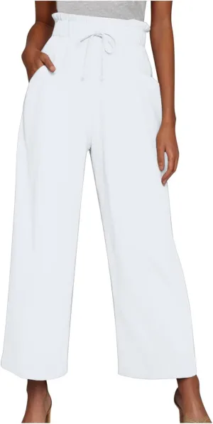 Womens Summer Fashion Cotton Linen Pants Solid Work Casual High Waist Loose Fit Drawstring Trousers with Pockets