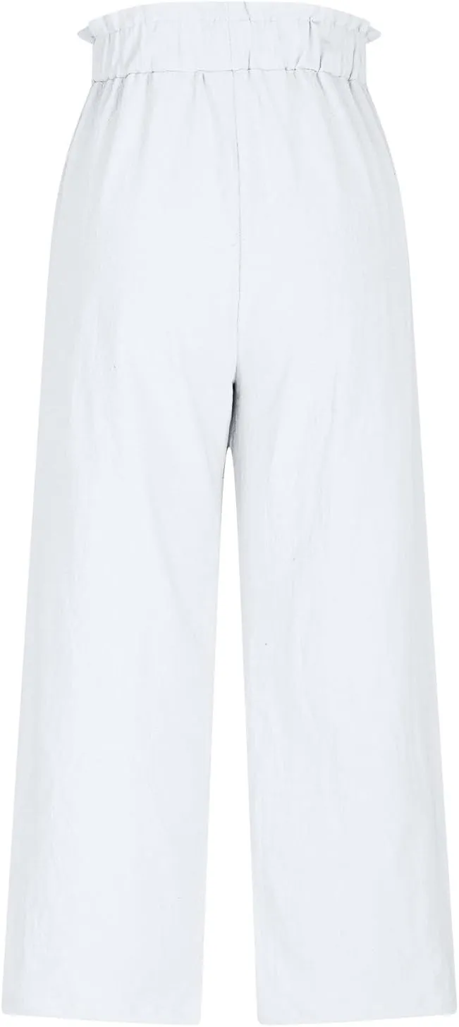 Womens Summer Fashion Cotton Linen Pants Solid Work Casual High Waist Loose Fit Drawstring Trousers with Pockets