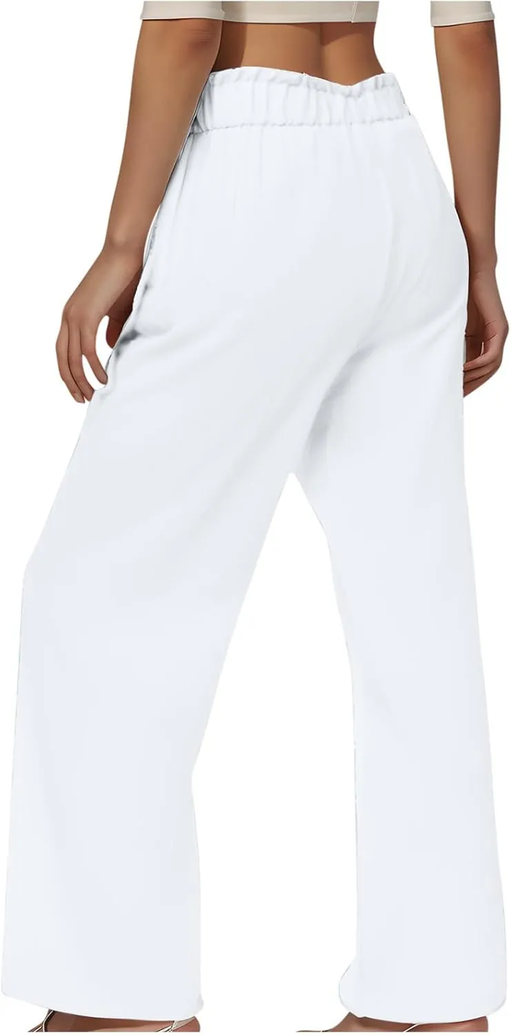 Womens Summer Fashion Cotton Linen Pants Solid Work Casual High Waist Loose Fit Drawstring Trousers with Pockets