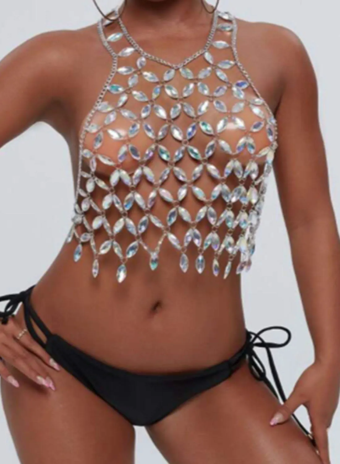 Women's Tank Tops Abstract Halter Sleeveless Rhinestones Cropped Summer Party Vacation Sexy Tops