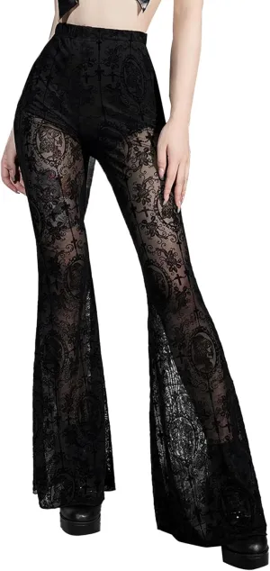 Women's Vintage Goth Velvet Flare Pants Hollow Out Lace Legging Pants High Waist Bell Bottom Trousers Clubwear S-L