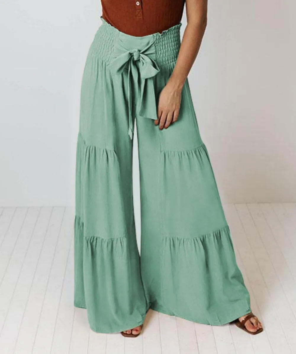 Womens Wide Leg Flared Pants Casual Long Palazzo Pants Flowy Lounge Pants High Waist Tie Knot Beach Trousers
