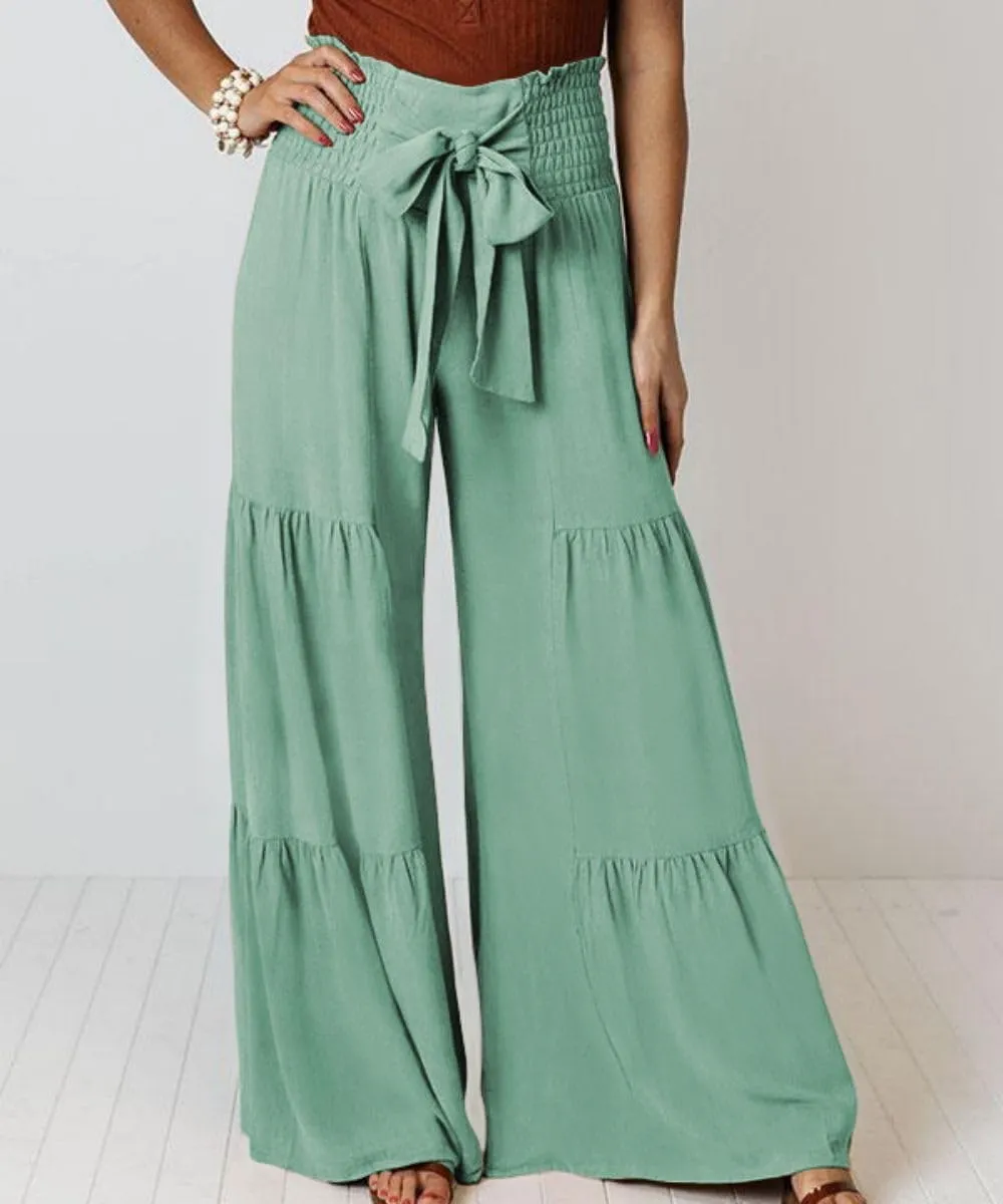 Womens Wide Leg Flared Pants Casual Long Palazzo Pants Flowy Lounge Pants High Waist Tie Knot Beach Trousers