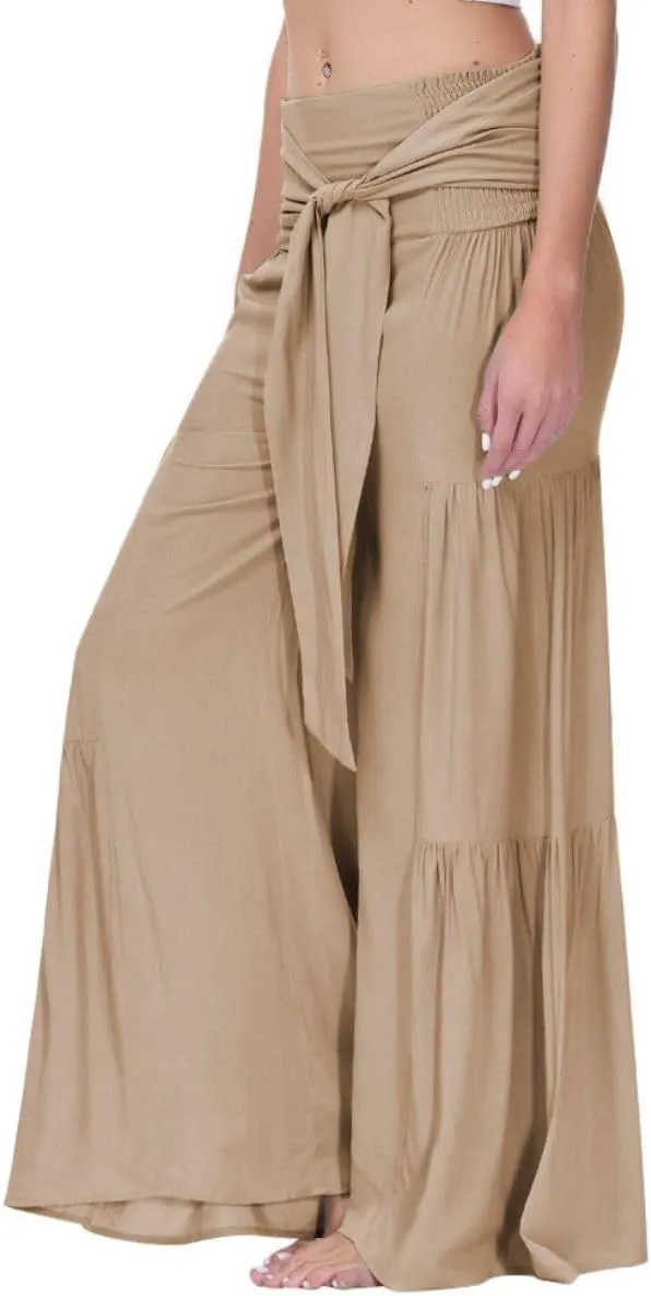 Womens Wide Leg Flared Pants Casual Long Palazzo Pants Flowy Lounge Pants High Waist Tie Knot Beach Trousers
