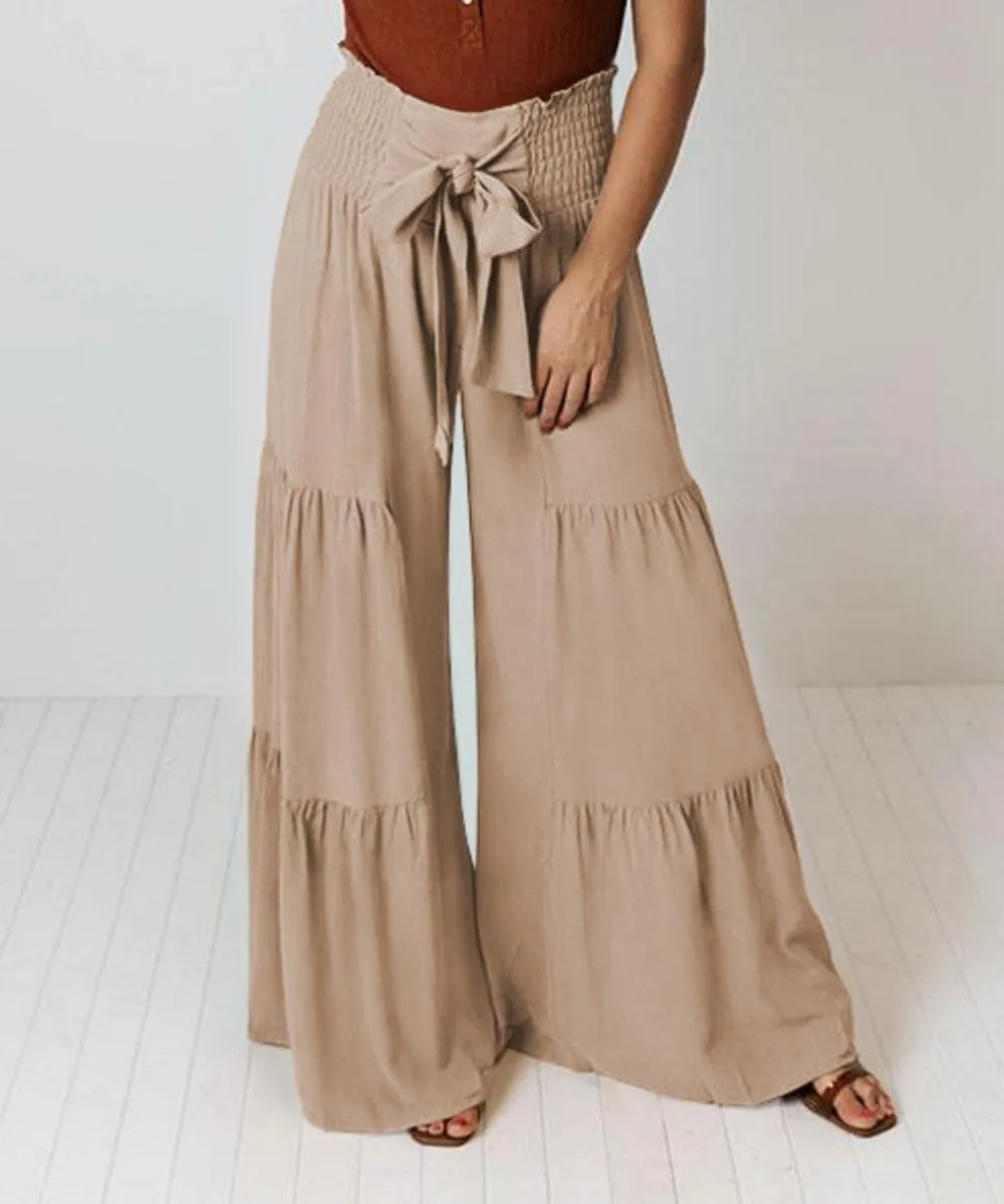 Womens Wide Leg Flared Pants Casual Long Palazzo Pants Flowy Lounge Pants High Waist Tie Knot Beach Trousers