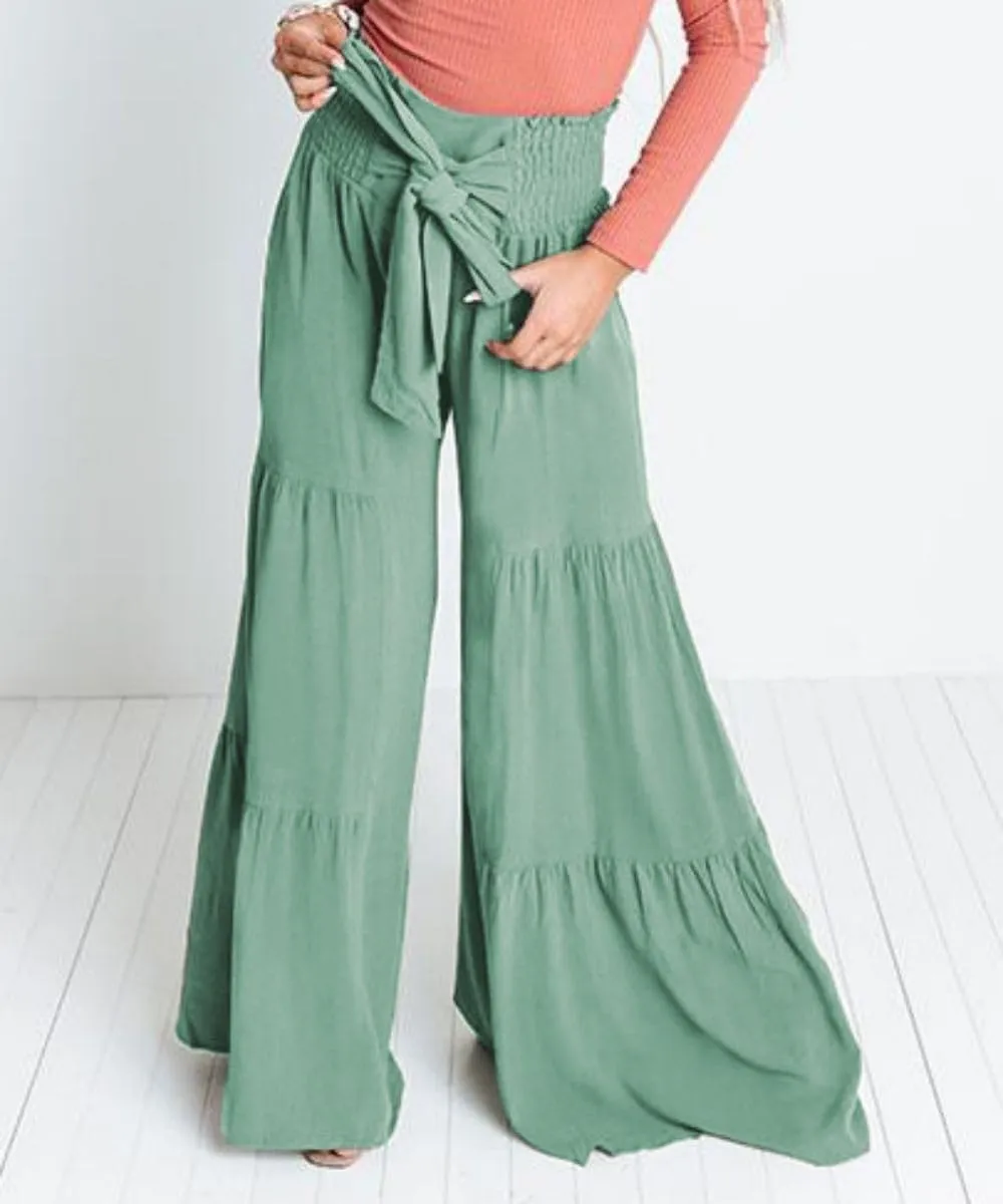 Womens Wide Leg Flared Pants Casual Long Palazzo Pants Flowy Lounge Pants High Waist Tie Knot Beach Trousers