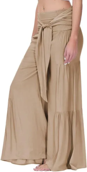 Womens Wide Leg Flared Pants Casual Long Palazzo Pants Flowy Lounge Pants High Waist Tie Knot Beach Trousers