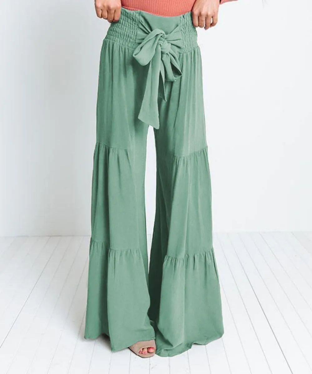 Womens Wide Leg Flared Pants Casual Long Palazzo Pants Flowy Lounge Pants High Waist Tie Knot Beach Trousers