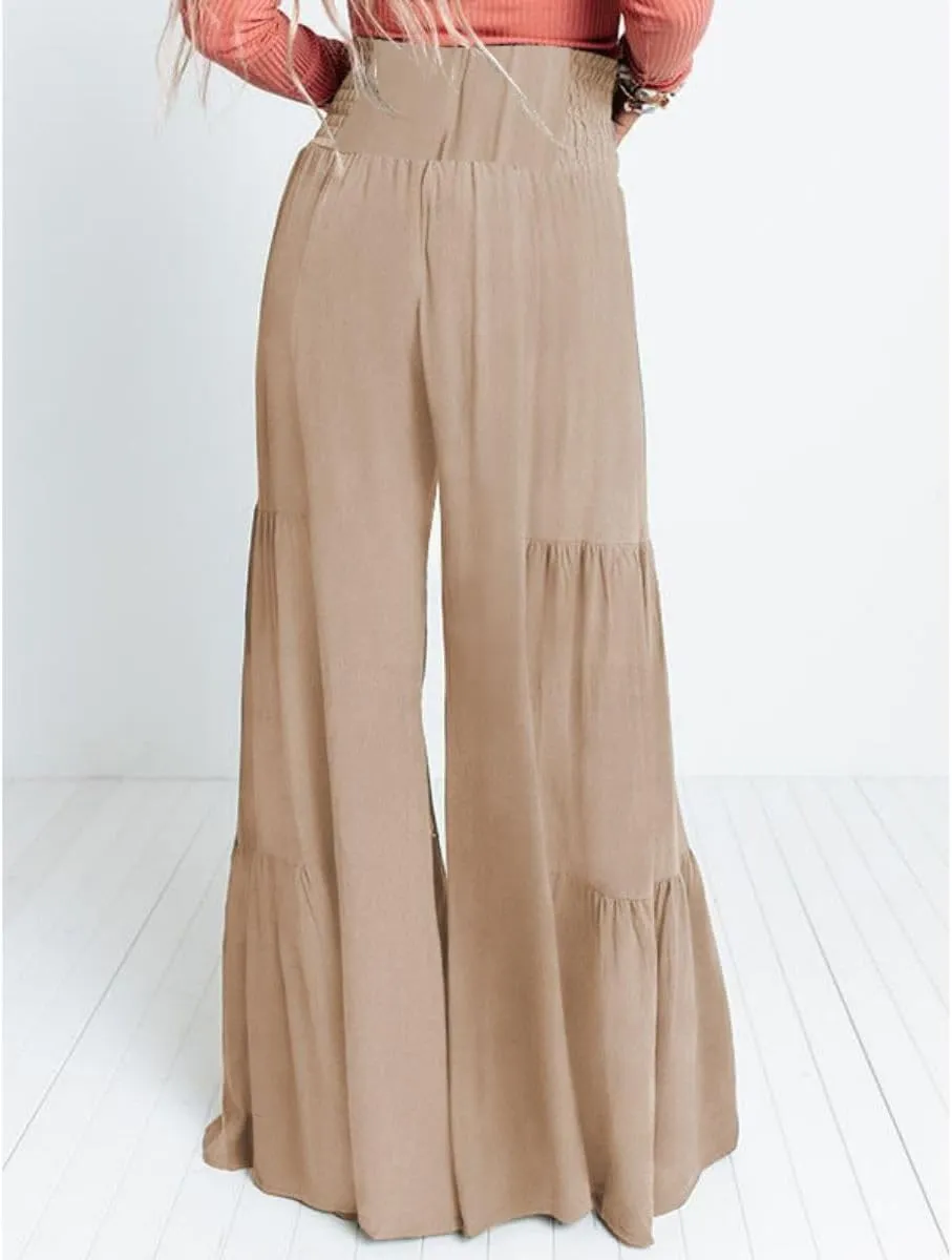 Womens Wide Leg Flared Pants Casual Long Palazzo Pants Flowy Lounge Pants High Waist Tie Knot Beach Trousers