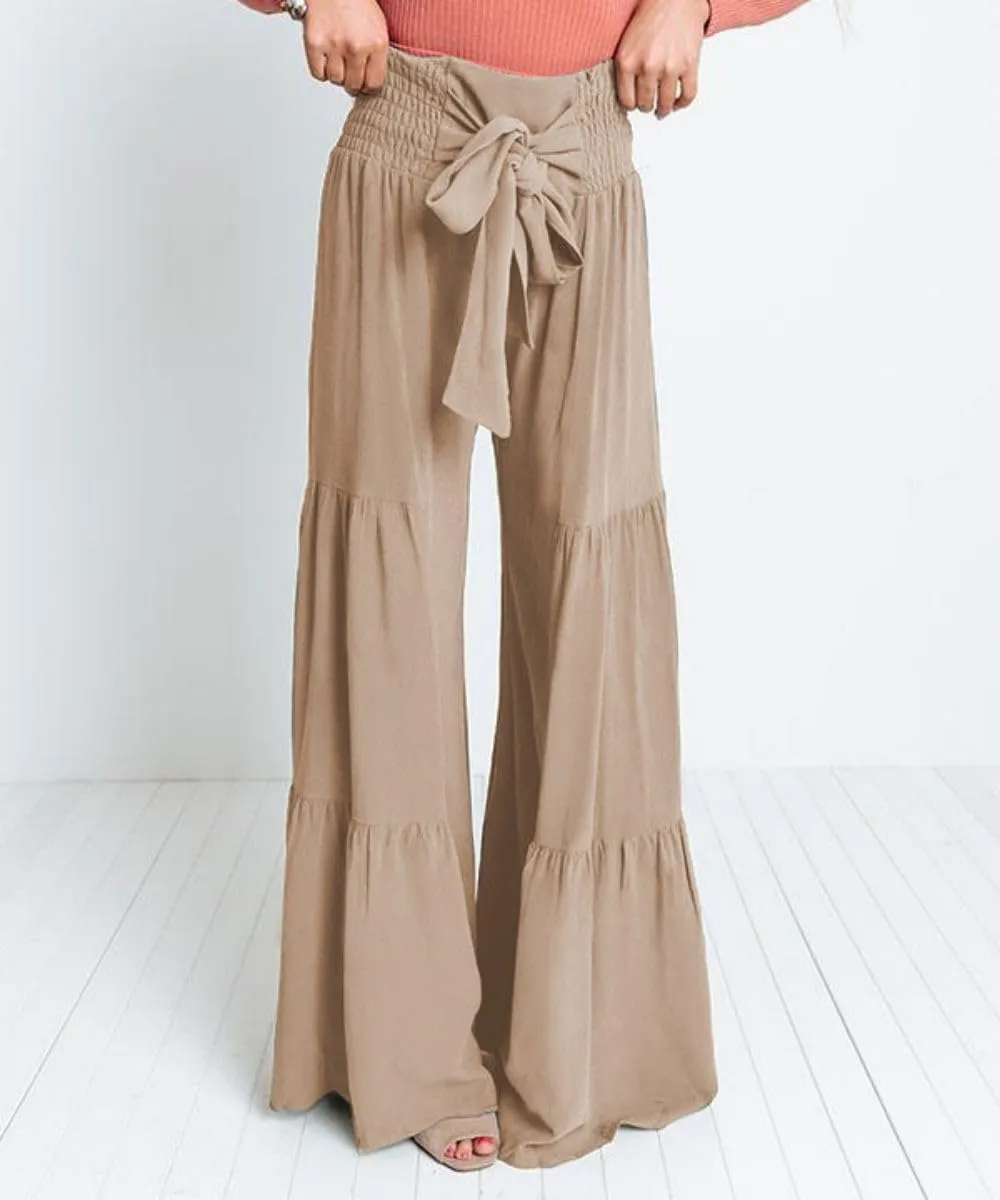 Womens Wide Leg Flared Pants Casual Long Palazzo Pants Flowy Lounge Pants High Waist Tie Knot Beach Trousers
