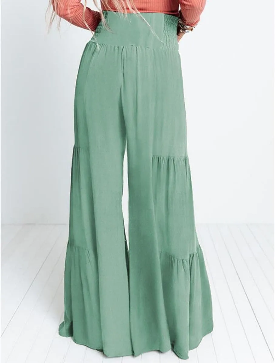 Womens Wide Leg Flared Pants Casual Long Palazzo Pants Flowy Lounge Pants High Waist Tie Knot Beach Trousers