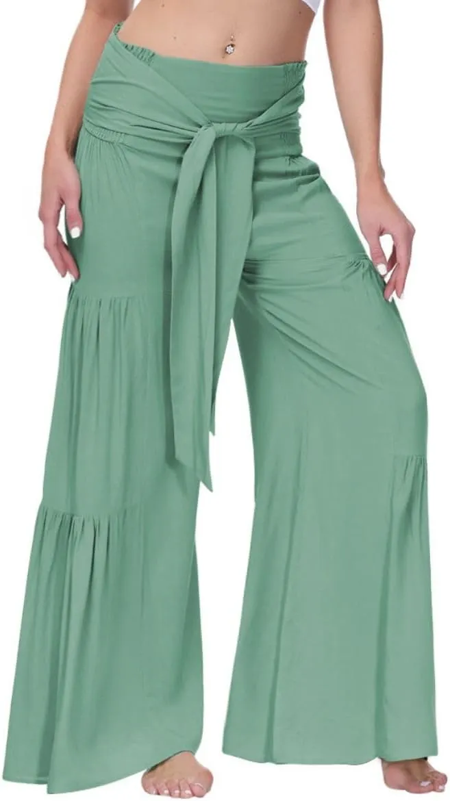 Womens Wide Leg Flared Pants Casual Long Palazzo Pants Flowy Lounge Pants High Waist Tie Knot Beach Trousers