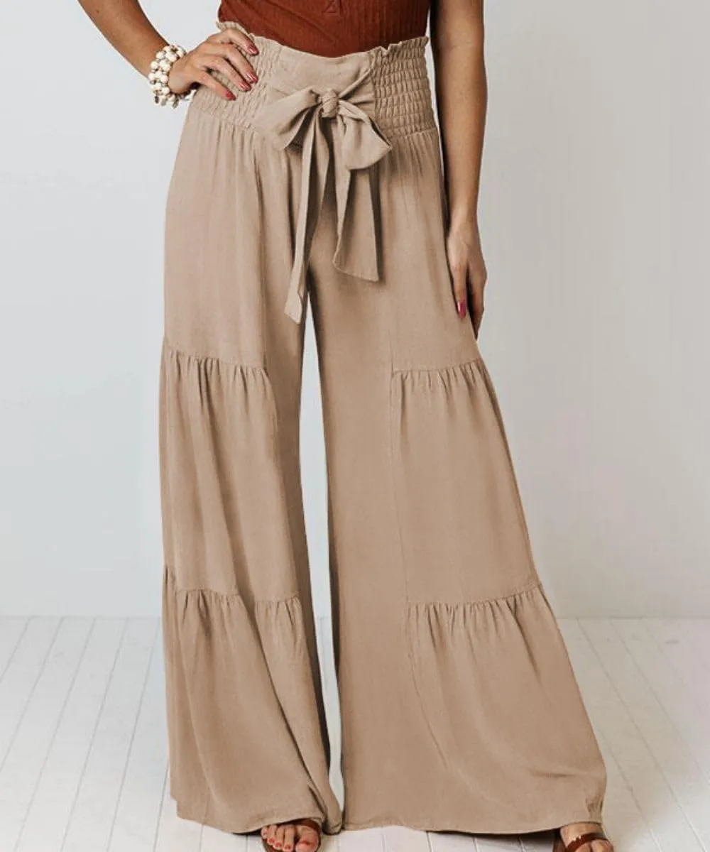 Womens Wide Leg Flared Pants Casual Long Palazzo Pants Flowy Lounge Pants High Waist Tie Knot Beach Trousers