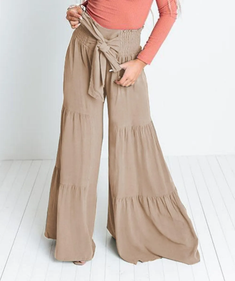 Womens Wide Leg Flared Pants Casual Long Palazzo Pants Flowy Lounge Pants High Waist Tie Knot Beach Trousers