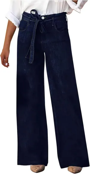 Women's Wide Leg Jeans Casual High Waisted Stretchy Baggy Loose Fit Long Trousers Pull On Denim Pants with Pockets