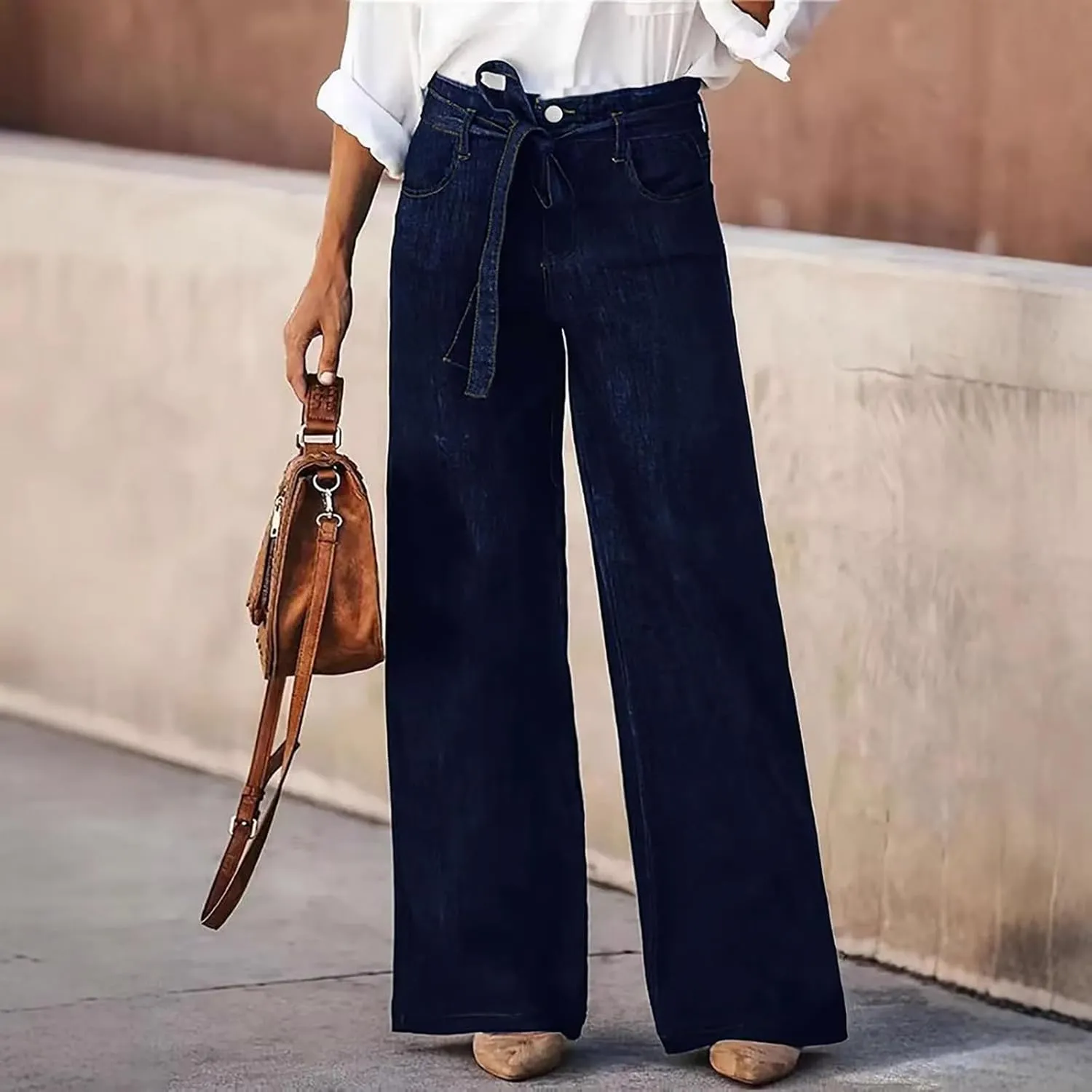 Women's Wide Leg Jeans Casual High Waisted Stretchy Baggy Loose Fit Long Trousers Pull On Denim Pants with Pockets