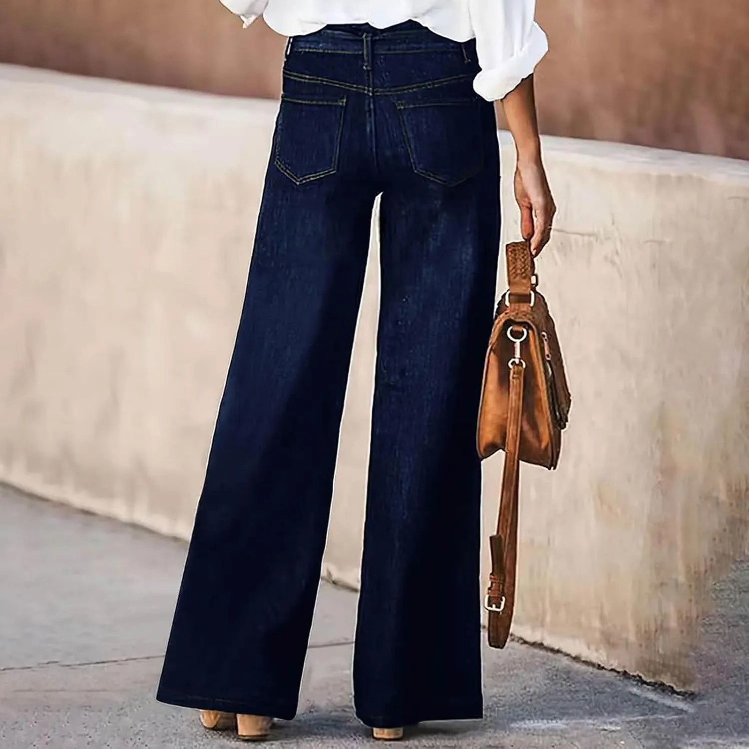 Women's Wide Leg Jeans Casual High Waisted Stretchy Baggy Loose Fit Long Trousers Pull On Denim Pants with Pockets