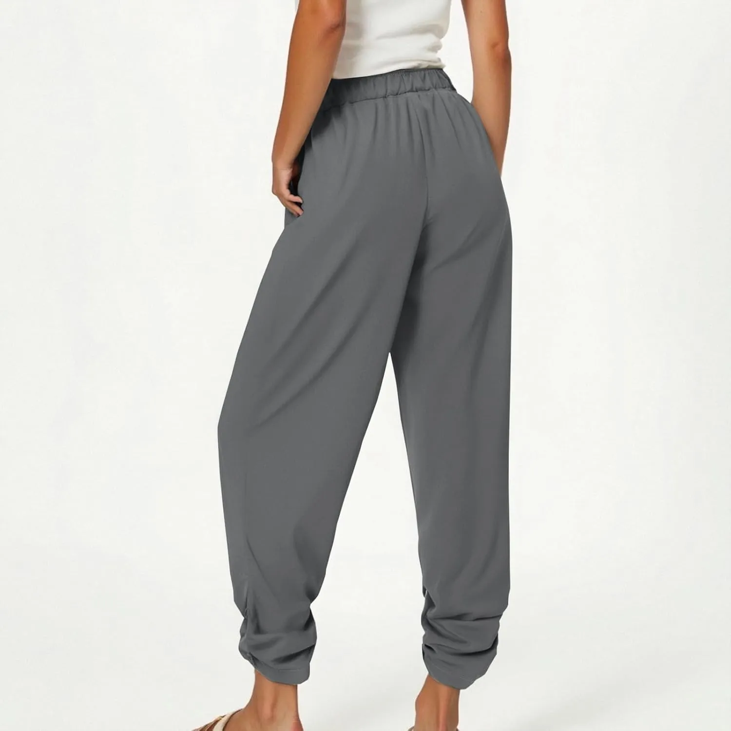 Womens Wide Leg Linen Pants Summer Elastic High Waist Cotton Trouser Lounge Slacks Beach Travel Outfits with Pockets