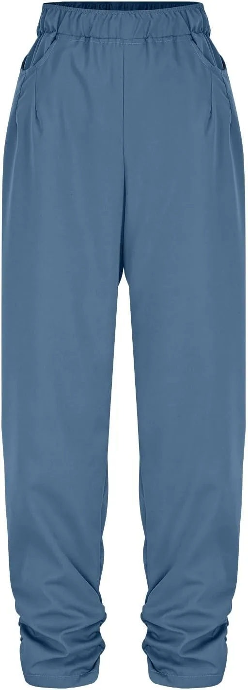 Womens Wide Leg Linen Pants Summer Elastic High Waist Cotton Trouser Lounge Slacks Beach Travel Outfits with Pockets
