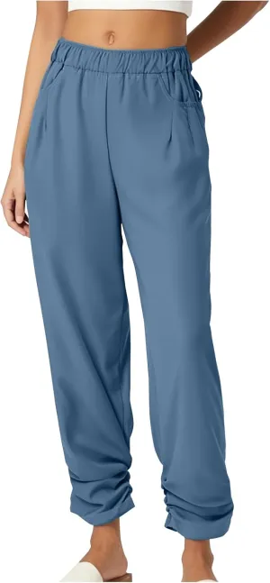 Womens Wide Leg Linen Pants Summer Elastic High Waist Cotton Trouser Lounge Slacks Beach Travel Outfits with Pockets