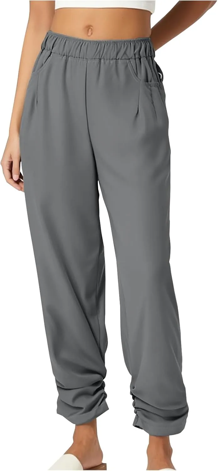 Womens Wide Leg Linen Pants Summer Elastic High Waist Cotton Trouser Lounge Slacks Beach Travel Outfits with Pockets