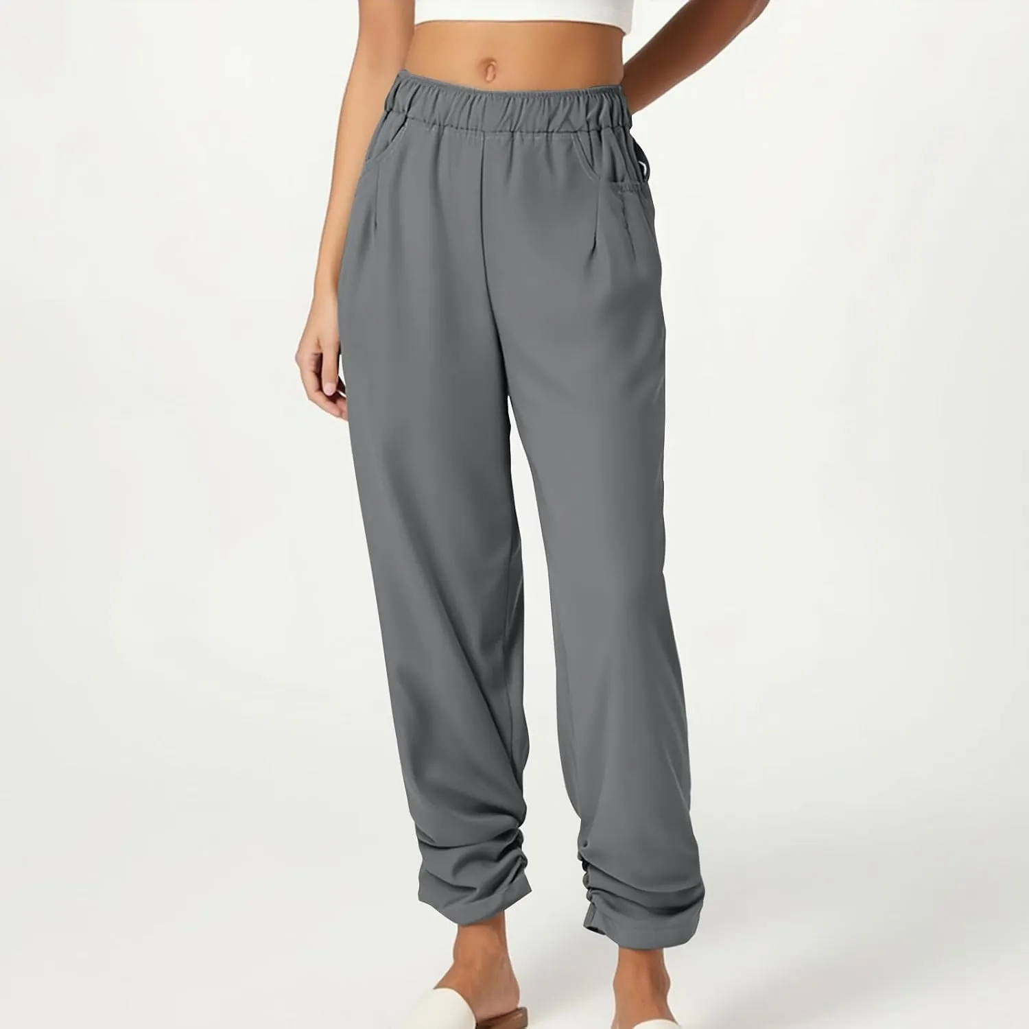Womens Wide Leg Linen Pants Summer Elastic High Waist Cotton Trouser Lounge Slacks Beach Travel Outfits with Pockets