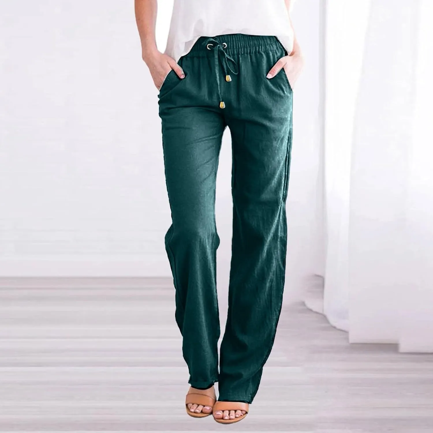 Women's Wide Leg Pants Winter Highwaisted Beach Pants with Pockets Fleece Lined Elastic Waist