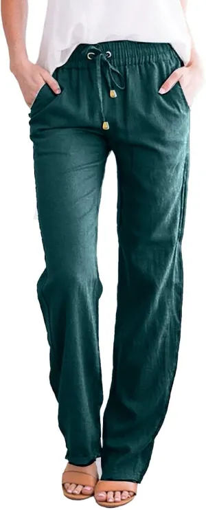 Women's Wide Leg Pants Winter Highwaisted Beach Pants with Pockets Fleece Lined Elastic Waist