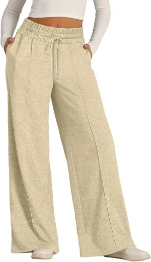 Womens Wide Leg Sweatpants Baggy High Waist Elastic Drawstring Straight Lounge Pants Comfy Athletic Joggers Trousers