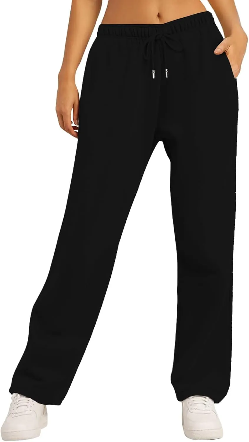 Women's Wide Leg Sweatpants Cozy Fleece Casual Jogger Pants Straight Leg Baggy Elastic High Waisted Yoga Pants