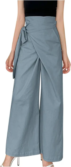 Women's Wide Leg Tie Front Pants 2024 Summer High Waist Business Casual Pants Solid Color Trousers Work Outfits