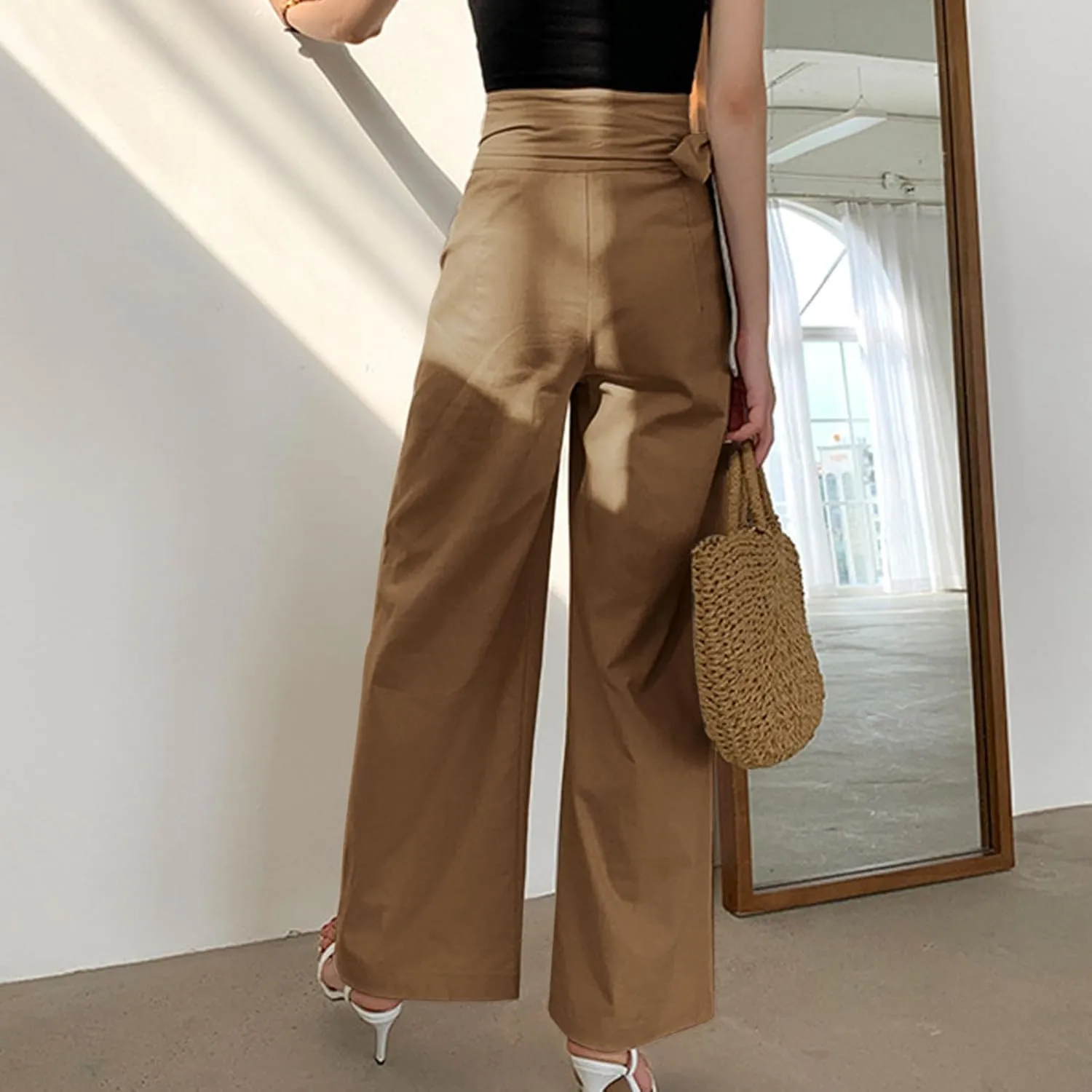 Women's Wide Leg Tie Front Pants 2024 Summer High Waist Business Casual Pants Solid Color Trousers Work Outfits