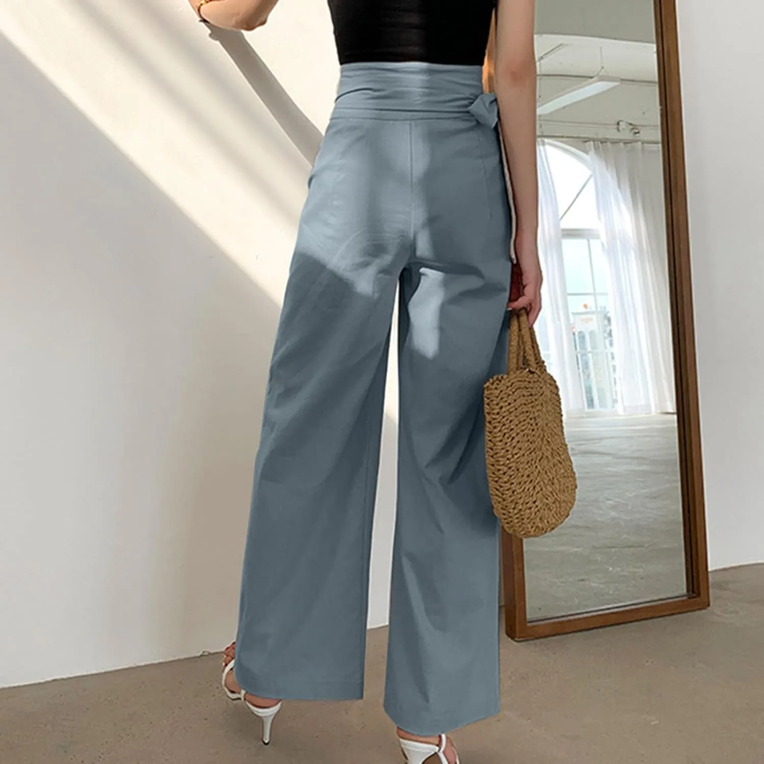 Women's Wide Leg Tie Front Pants 2024 Summer High Waist Business Casual Pants Solid Color Trousers Work Outfits
