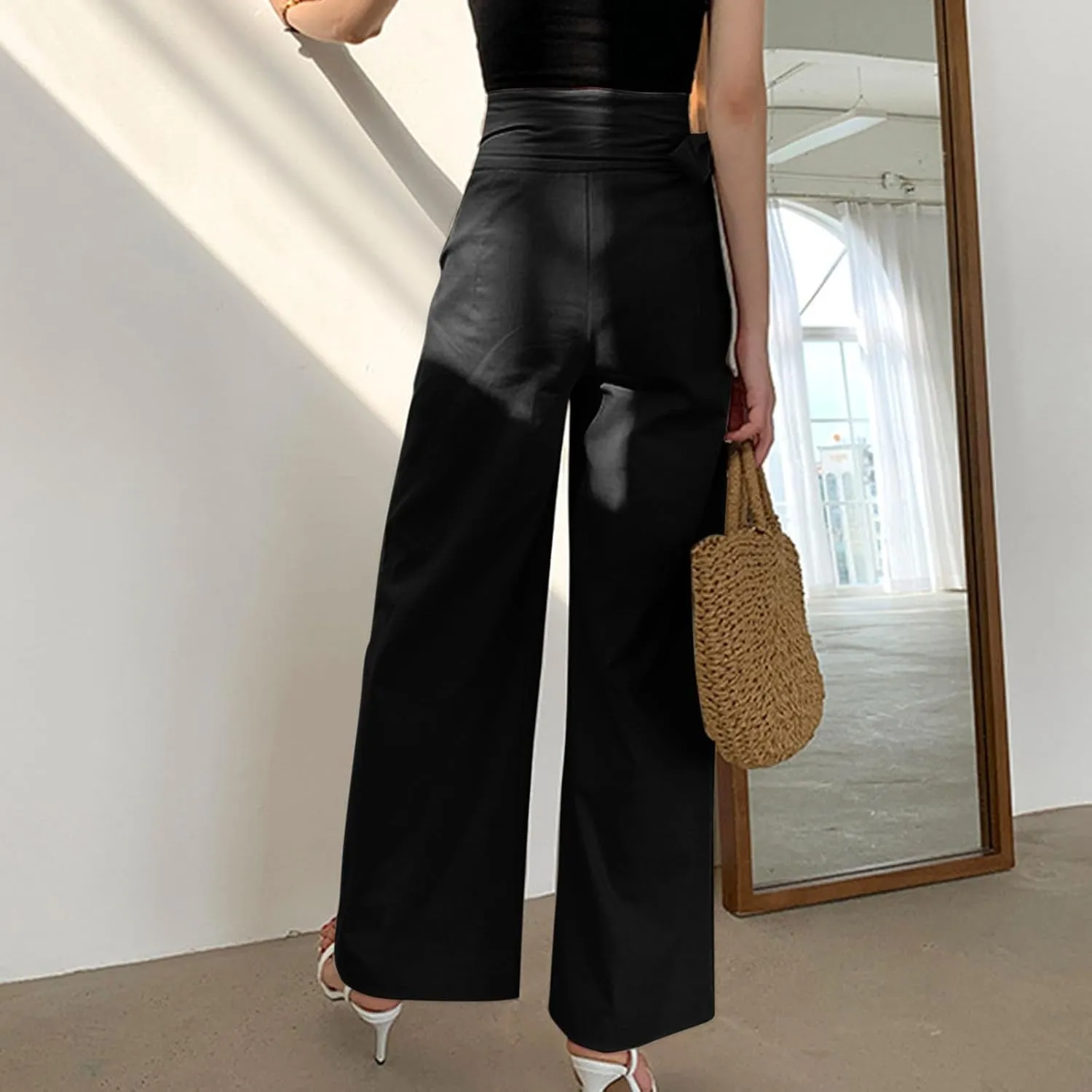 Women's Wide Leg Tie Front Pants 2024 Summer High Waist Business Casual Pants Solid Color Trousers Work Outfits