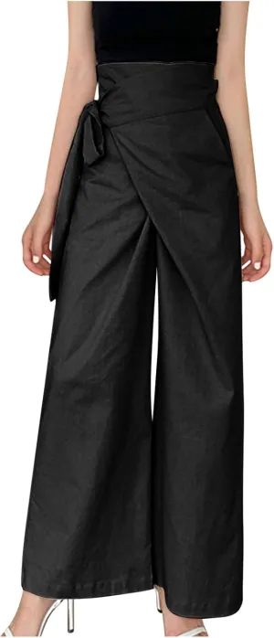 Women's Wide Leg Tie Front Pants 2024 Summer High Waist Business Casual Pants Solid Color Trousers Work Outfits