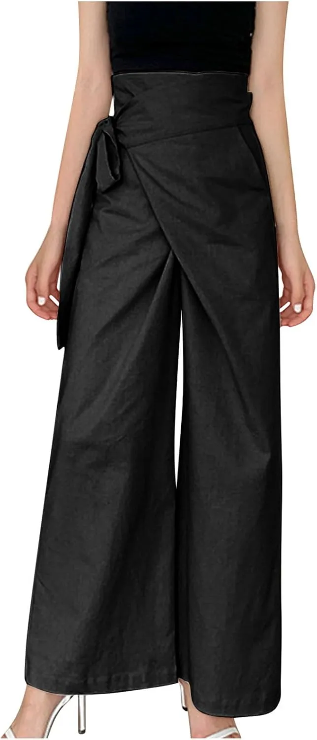 Women's Wide Leg Tie Front Pants 2024 Summer High Waist Business Casual Pants Solid Color Trousers Work Outfits