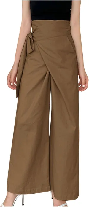 Women's Wide Leg Tie Front Pants 2024 Summer High Waist Business Casual Pants Solid Color Trousers Work Outfits