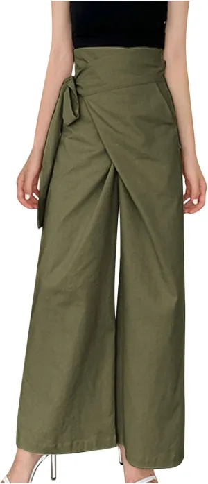 Women's Wide Leg Tie Front Pants 2024 Summer High Waist Business Casual Pants Solid Color Trousers Work Outfits