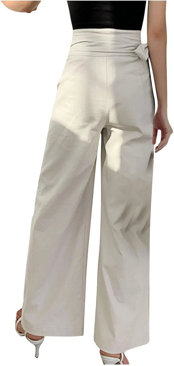 Women's Wide Leg Tie Front Pants 2024 Summer High Waist Business Casual Pants Solid Color Trousers Work Outfits